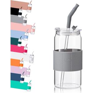ColoVie Glass Tumbler with 3 IN 1 Lids and Glass Straws(Extra Silicone Tips), Silicone Protective Sleeve, Iced Coffee Cup, Travel Water Bottle, Soda Beer Can Cups, Hot Tea-Gray 16 Oz 6Pc