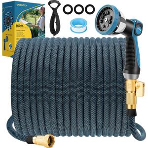 Non-Expanding Garden Hose 100 ft, Flexible Water Hose with 10 Watering Spray Nozzle, Lightweight Hose Pipe, Leak-Proof, Durable, 3/4" Brass Alloy Connector, Portable Storage Strap, Dot Blue