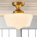 Schoolhouse Light Fixture Modern Gold Ceiling Light,Semi Flush Mount Ceiling Light,12''Wide Opal Milk Glass Shade,Brass Vintage Light for Farmhouse Bedroom Kitchen Hallway Entryway