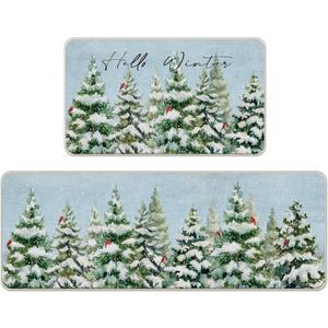 Livcoz Hello Winter Pine Tree Kitchen Rugs Set of 2, Snowy Forest Cardinal Farmhouse Floor Mats Decor, Rustic Christmas Door Mat Home Decorations - 17x29 and 17x47 Inches