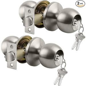 BESTTEN [2 Pack] Entry Door Knob with Lock, Keyed Different Door Lock for Exterior Door and Front Door, Standard Ball, Satin Nickel