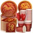 Zhehao 210 Pcs Chinese New Year Decorations Lunar New Year Party Supplies 2026 Chinese Dinnerware Paper Plates and Napkins Cups Serve 30 Guests (Horse)