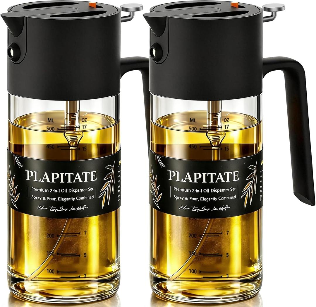 PLAPITATE 2Pcs 17oz Premium Olive Oil Sprayer for Cooking, 2 in 1 Glass Olive Oil Dispenser Bottle for Kitchen Gadgets, Spray Bottle with Portion Control for Salad, Frying, BBQ (2 Black)