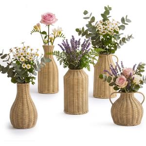 5 Set Faux Rattan Vases, Wicker Flower Vase Set for Farmhouse Decor