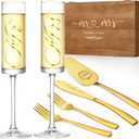 Wedding Champagne Flutes and Cake Knife Server Set of 6, Mr and Mrs Wedding Gifts for Bride and Groom, Enagement Bridal Shower Housewarming Gifts (Gold)