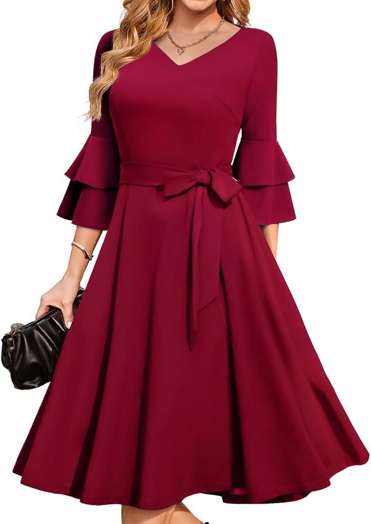 DRESSTELLS Women's Cocktail Dress 2026, A-Line Midi with 3/4 Bell Sleeves for Spring & Wedding Guest, 2XL