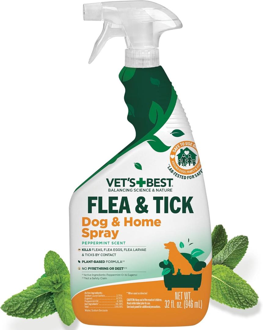 Vets Best Indoor Flea and Tick Spray  Dog Flea and Tick Treatment for Home, Plant-Based Formula with Natural Oils, Kills Fleas, Eggs & Ticks on Contact, Made in USA, 32 oz