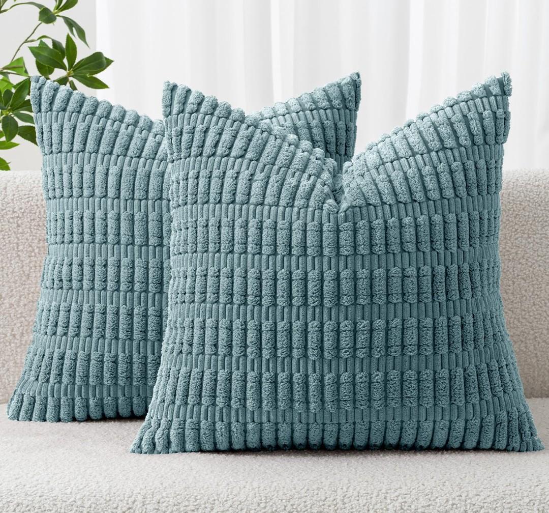 MIULEE Pack of 2 Corduroy Decorative Throw Pillow Covers 18x18 Inch Soft Boho Striped Pillow Covers Modern Farmhouse Home Decor for Summer Coastal Sofa Living Room Couch Bed Coastal Blue