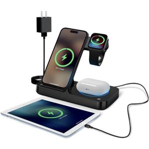 4 in 1 Wireless Charging Station for iPhone, Apple Watch & AirPods - Wireless Charger for iPhone Series 16/15/14/13/12 - Apple iWatch Series 7/9/8 with Extra USB Port & Foldable Design, Black