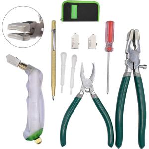 9Pcs Heavy Duty Glass Cutter Tool, Glass Cutting Kit, Glass Running Breaking Pliers, Breaker Grozer Pliers with Curved Jaws,Glass Cutters for Stained Glass, Mosaics, Fusing, Breaking