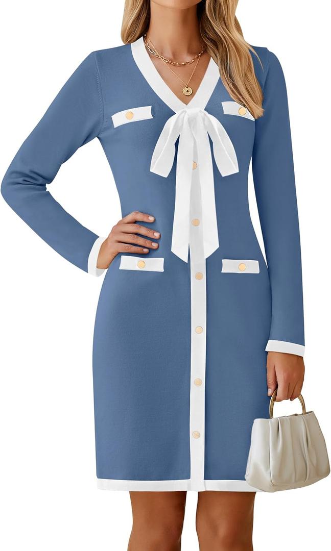 HAEOF Women's 2024 Long Sleeve Mini Sweater Dress Fall Winter Trendy V Neck Elegant Bodycon Formal Party Dresses (X-Large)