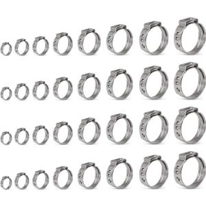 Single Ear Clamps Assortment Kit, StepLess Clamps, Pex Pinch Ring Clamp for Securing Pipe Hoses and Automotive Use 304 Stainless Steel 3/8"-1" (7.8mm-25.6mm) 120Pcs/8Sizes