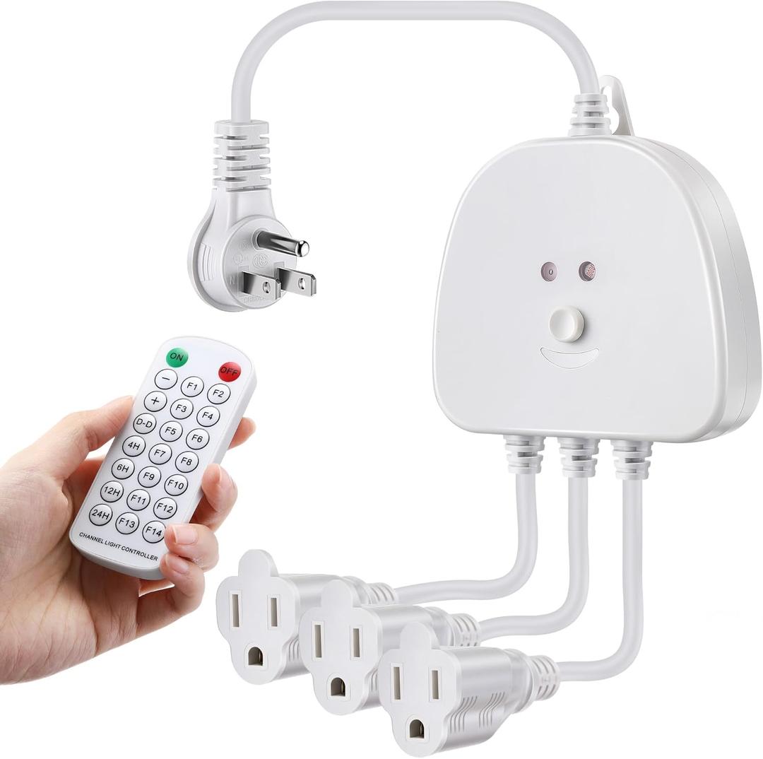 Christmas Light Controller with Remote, Multiple Lighting Effects, Timer, Dusk to Dawn Sensor Control, for Indoor Outdoor Holiday Xmas Lights, Waterproof(3 Channel/14 Functions,White)