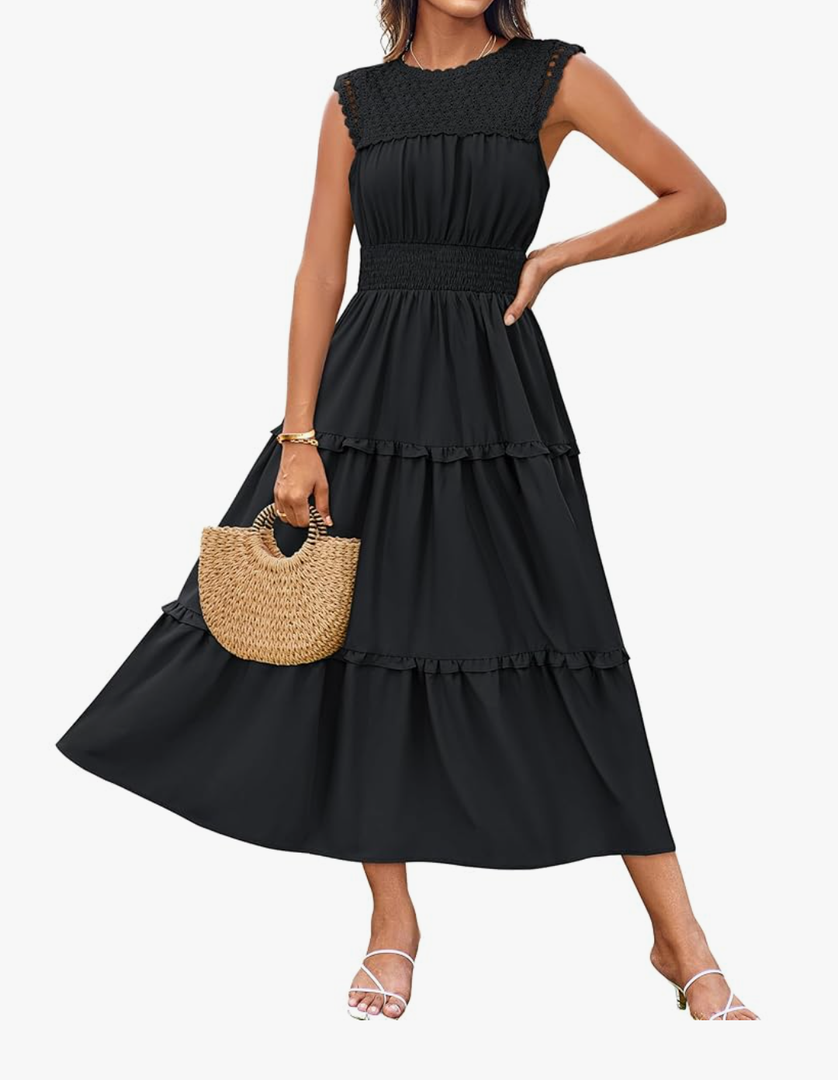 GRACE KARIN Women's Sleeveless Casual Summer Smocked Waist Tiered Maxi Patchwork Crochet Aline Flowy Dresses, XL