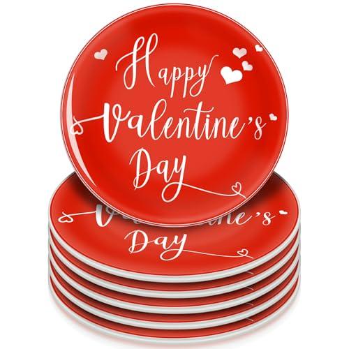 Funnymoom 5 Pack 6 Inch Happy Valentine Heart Ceramic Plates Red Heart Tableware Reusable Dinnerware Dessert Plates for Valentine Celebration Wedding Party Supplies