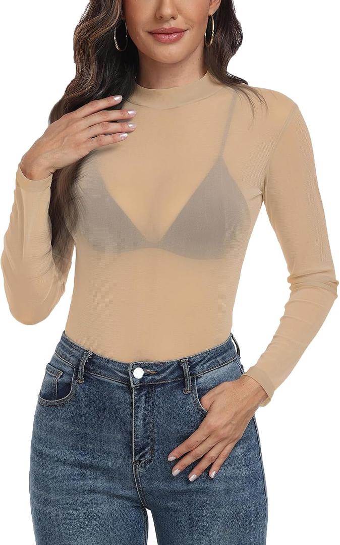 Women's Sheer Mesh Tops Long Sleeve Sexy See Through Shirt Mock Neck (M)