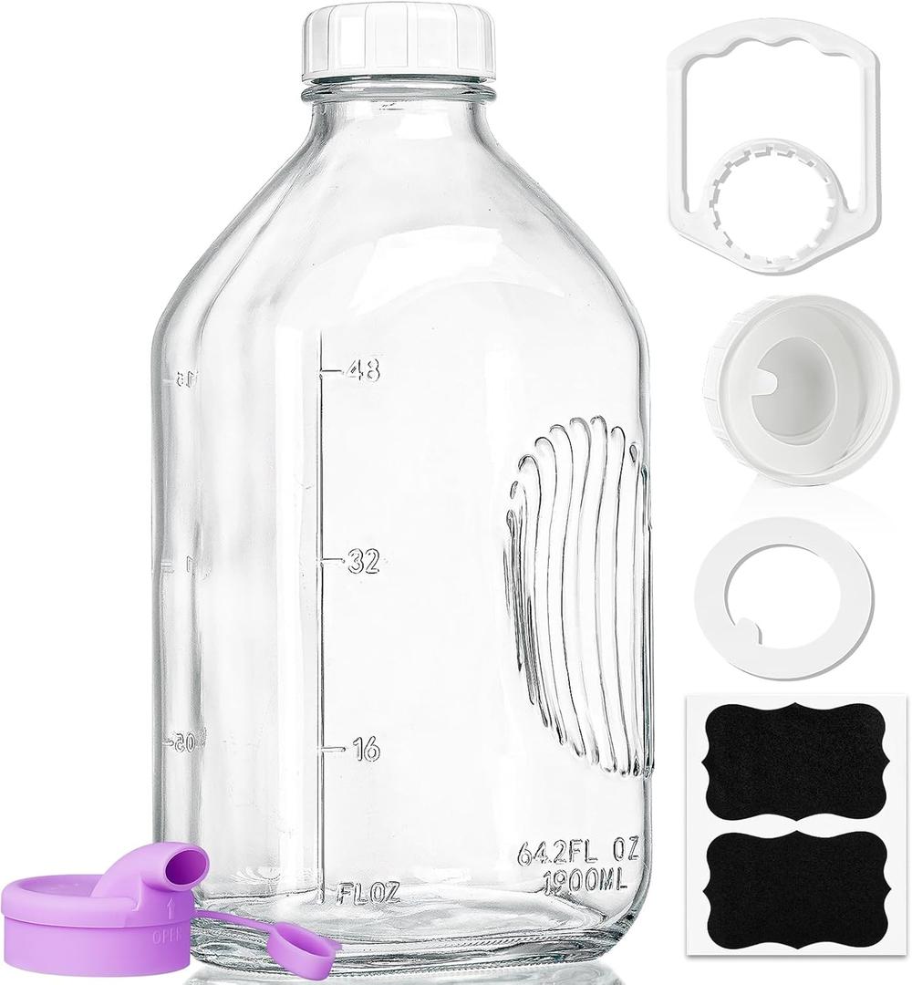 64 Oz Heavy Duty Glass Milk Bottle with Reusable Airtight Strong SCREW LID - 1/2 Gallon Water Bottles with Scale Lines - 2 Qt Glass Milk Jug Pitcher - Extra Gaskets & Handle! (1 PACK)