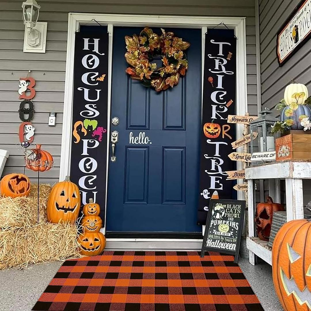 Buffalo Plaid Outdoor Rugs, 3'x5' Orange and Black Checkered Indoor/Outdoor Area Rug, Layering Rug for Hello/Welcome Door Mat, Washable Cotton Woven Farmhouse Mat for Fall Front Porch Dcor