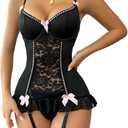 COZYEASE Women's 4 Piece Set Floral Lace Bow Front Garter Belt Babydoll Bustier Set with 1 Pair Stockings Lingerie Sets S