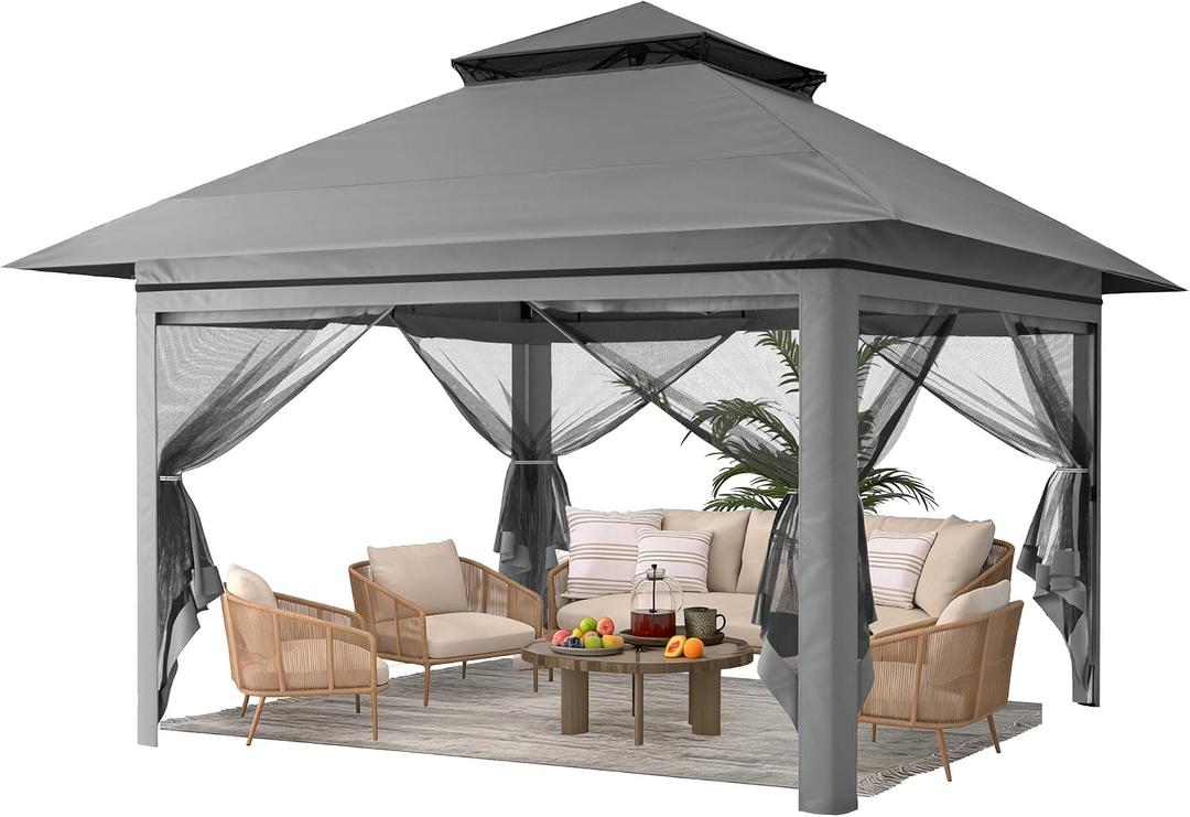Driftalia 13x13 Pop Up Gazebo, Instant Outdoor Gazebo with Mosquito Netting, Vented Roof and Carry Bag for Patio, Garden & Backyard - Dark Gray