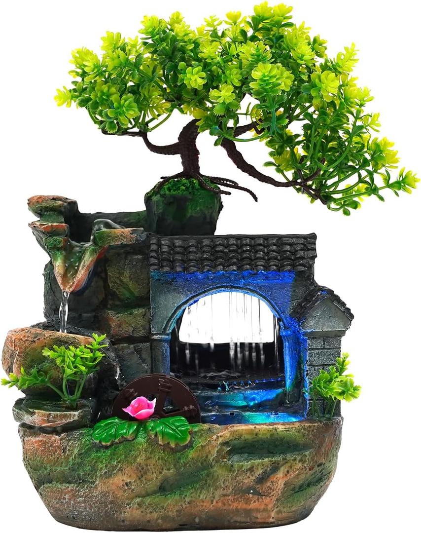 Tabletop Waterfall Fountain  11 in Rockery Humidifier with Color-Changing LED Light, Adjustable Pump & Faux Bonsai Tree, Resin Indoor Desk Fountain Dcor for Bedroom, Office, Aquarium, Meditation