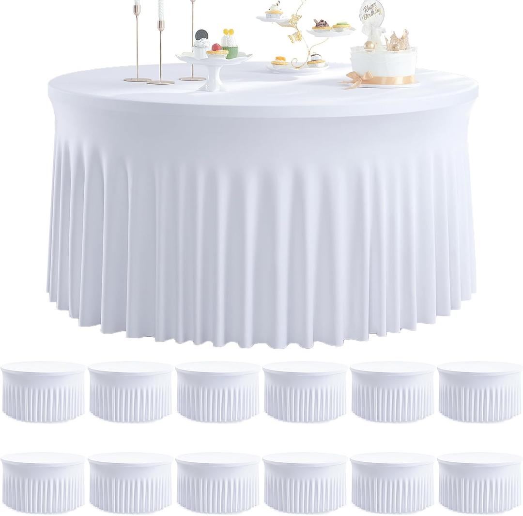 12 pk Round Spandex Tablecloths for 60inch Table, Stretchy Wrinkle Free 120inch Fitted 5FT Round Table Cloths Cover with Skirt for Wedding Party Birthday Banquet Engagement