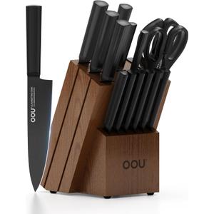 OOU Kitchen Knife Block Set - 15 Pieces High Carbon Stainless Steel Chef Knife Sets, Anti-Rust Black Knives Set with Built-in Sharpener Block, Walnut (Brown)