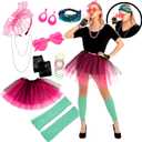 Spooktacular Creations 9 Pcs 80s Costume Accessories Set with Tutu Skirt Headband Glasses Necklace Leg Warmers & Other Accessories for Halloween Cosplay Party