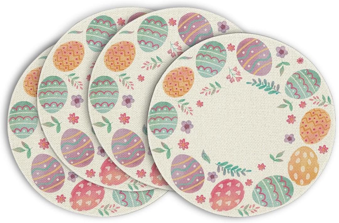 Artoid Mode Easter Round Placemats Set of 4, 14 Inch Colored Eggs Floral Spring Round Table Mats for Easter Party Kitchen Dining Decoration (Beige)