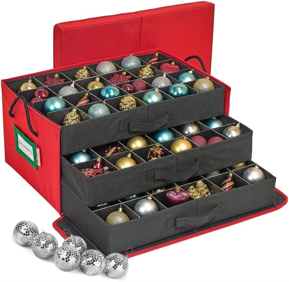 HOLDN STORAGE Christmas Ornament Storage Box with Dividers, Holds 72 Ornaments (3 Inch), Large Ball Storage Container with 3 Removable Trays, Durable and Portable - Red