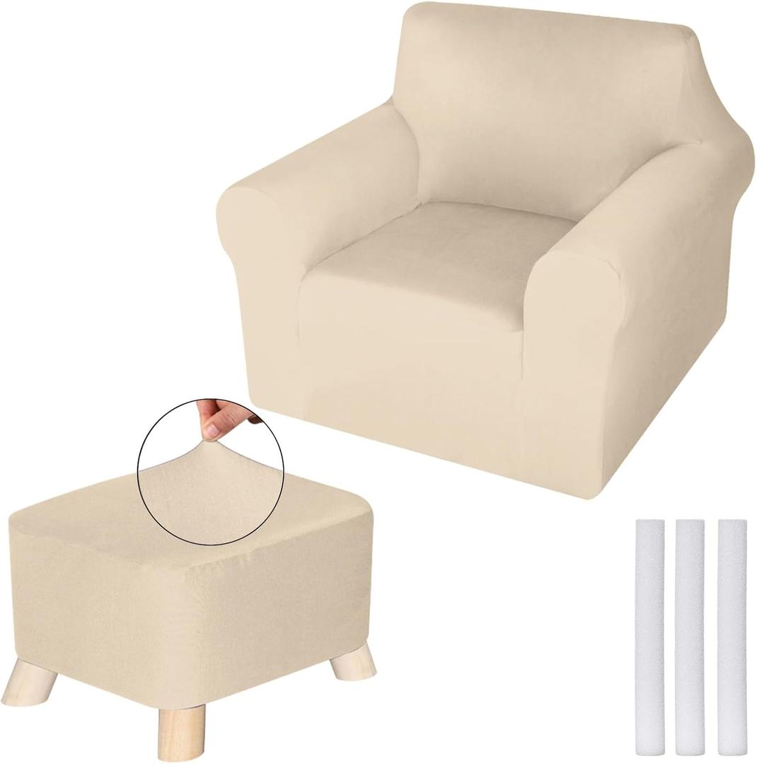 Chair and Ottoman Covers Slipcover Set Armchair Cover T Cushion Chair Slipcover Milk Silk Sofa Furniture Protector Couch Soft for Armchair Ottoman(Begie)