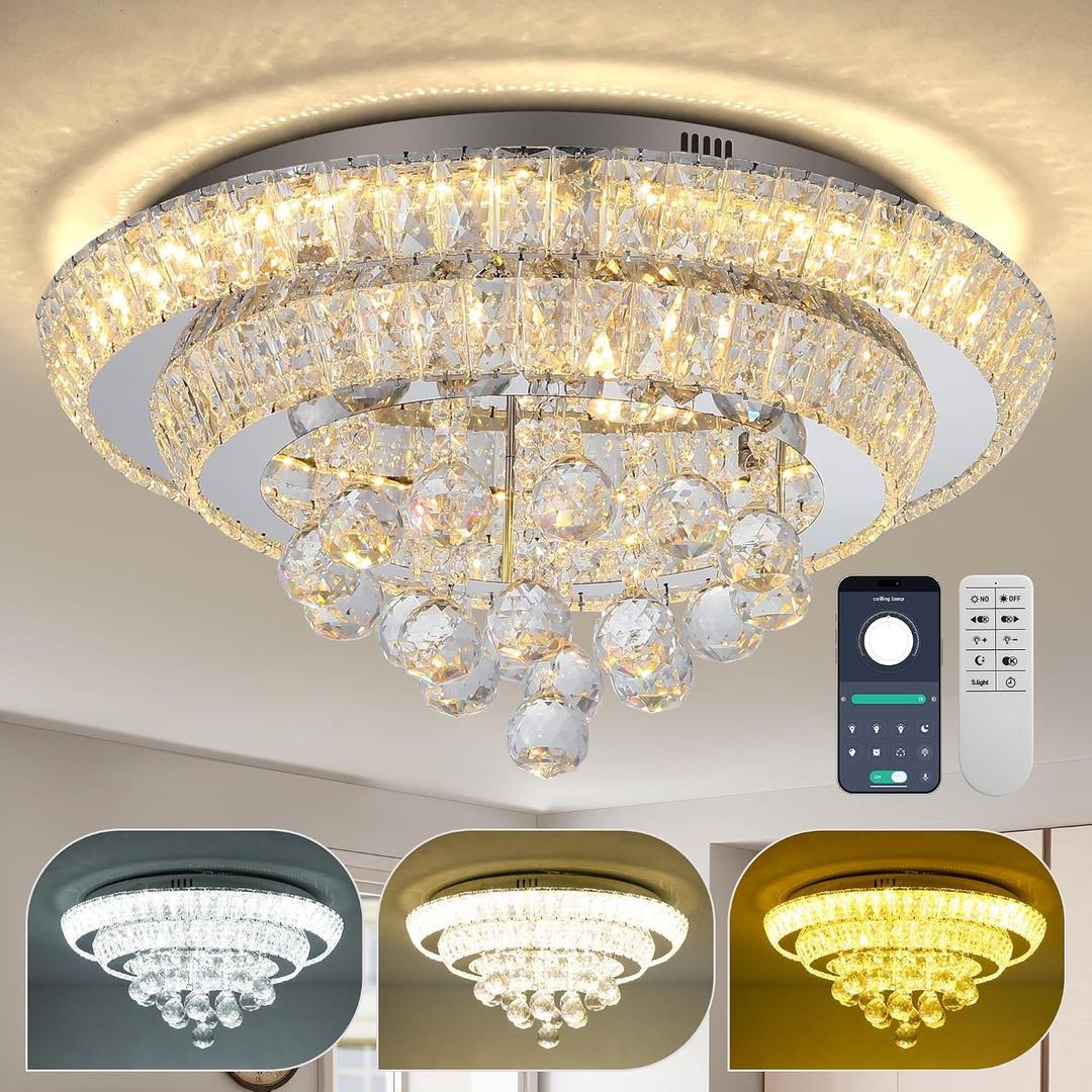 COCOSTAR 20" Crystal Chandeliers, Flush Mount Chandelier LED Ceiling Light, Modern Crystal Raindrop Chandeliers for Dining Room, Living Room, Bedroom