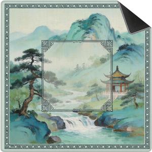 Blue Green Chinoiserie Mahjong Mat 31.5 x 31.5 in, Vintage Green Oriental Non-Slip Noise Reduction Mahjong Table Cover Accessories and Supplies for Dominoes Poker Card Board and Tile Games Gifts