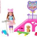 Barbie Chelsea Doll & Skate Park Playset with 2 Puppies, Skate Ramp, Scooter & 15+ Accessories, Brunette Small Doll with Blue Eyes