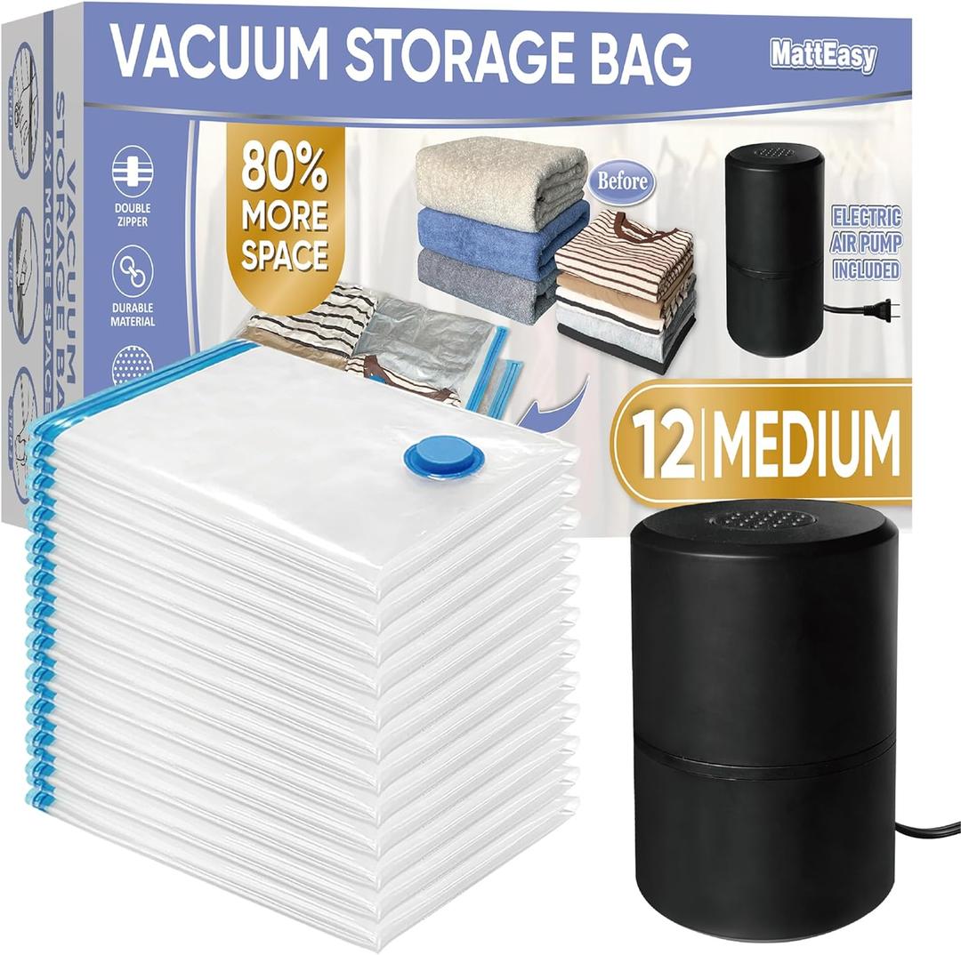 Vacuum Storage Bags with Electric Air Pump, 12 Medium (27.5x19,5in), Space Saver Bags with Pump, Storage Vacuum Sealed Bags for Clothes, Comforters, Blankets, Bedding (With Electric Pump (Black))