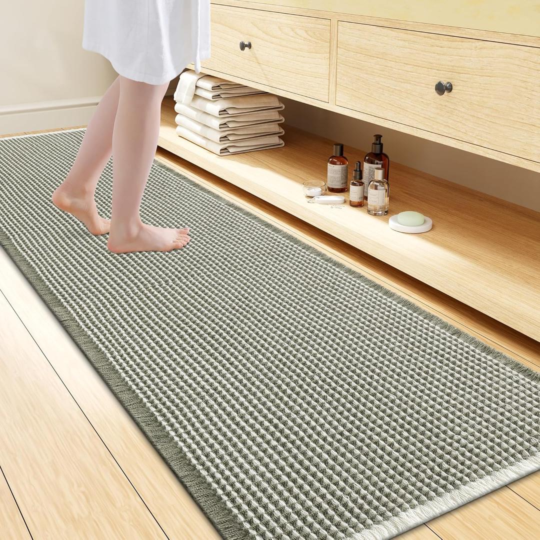 Smiry Waffle Bath Mat 72x24, Extra Soft Absorbent Bathroom Rugs, Non Slip Machine Washable Quick Dry Bath Rugs for Bathroom Floor, Tub, Shower, Home Decor Accessories, Green & Cream