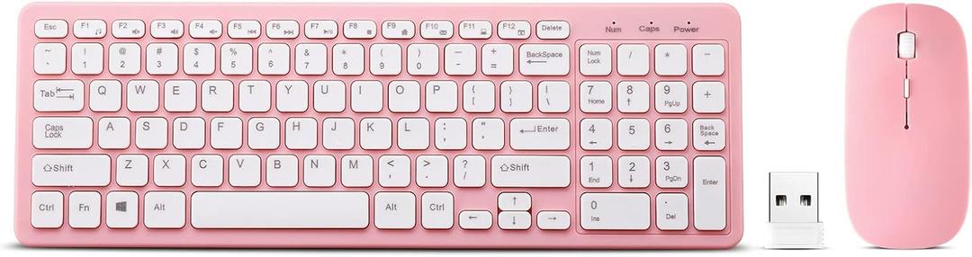 Wireless Keyboard and Mouse Combo, Compact Quiet Wireless Keyboard and Mouse Set 2.4G Ultra-Thin Sleek Design for Windows, Computer, Desktop, PC, Notebook, Laptop (Pink)
