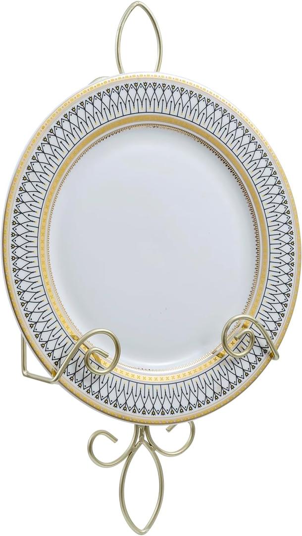 MyGift Wall Mounted Brass Tone Metal Wire Vertical Collectible Plate Holder, Decorative Vintage Scrollwork Hanging Rack Holds Single 9 to 13 Inch Plates