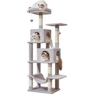Taoqimiao Cat Tree, 61-Inch Cat Tower for Indoor Cats, Plush Multi-Level Cat Condo with 5 Scratching Posts, 2 Perches, 2 Caves, Hammock, 2 Pompoms, Light Gray MS013SW (62IN)
