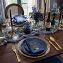 KIRE 350Pcs Blue and Gold Plates -Heavy Duty Navy Blue Dinnerware Set - 100 Plastic Plates 50 Pre Rolled Napkins with Gold Plastic Silverware 50 Cups for Birthday/Wedding/Party/Graduation/Memorial Day