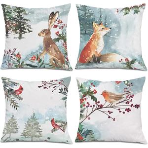 Watercolor Snowy Winter Woodland Animals Decorative Throw Pillow Covers for Holiday, Home Sofa Bed Couch Farmhouse Holiday Decor 18x18 Inch Set of 4