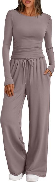 Trendy Queen Women's 2 Piece Matching Lounge Set Boat Neck Slim Fitted Top Wide Leg Pants Casual Tracksuits (S, Rose Taupe)