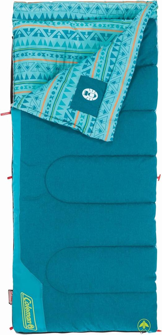 Coleman Kids 50F Sleeping Bag, Comfortable Youth Sleeping Bag for Sleepovers & Camping, Fits Children up to 5ft Tall, Glow in The Dark Design, Stuff Sack Included, Machine Washable (Teal)