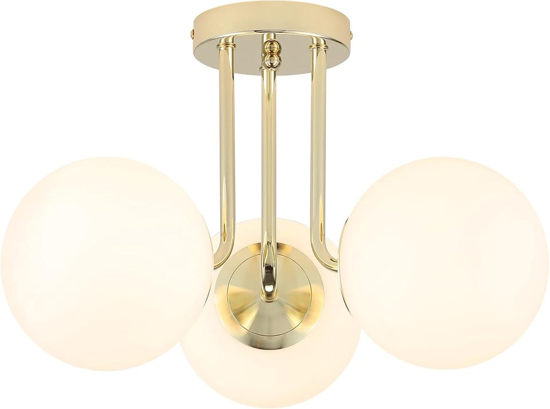 Gold 3-Light Semi Flush Mount Ceiling Light Fixtures, Modern Mid Century Lights for Dining Room Bedroom, Living Room, Hallway, Foyer