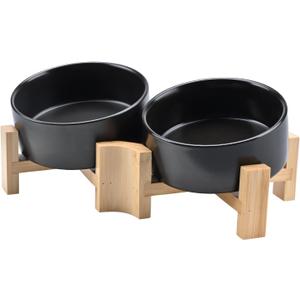 SPUNKYJUNKY 15 Slanted Ceramic Dog and Cat Bowl with Wooden Stand, Tilted Bulldog Food and Water Bowl No Slip Non-Spill for Cats Medium Dogs Big Face Pets 13.5 OZ (1.7 Cups, Black  2)