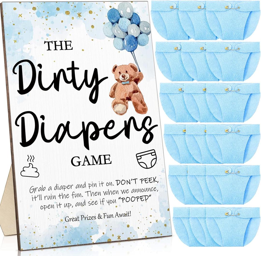 Roowest 51 Pcs Dirty Diaper Baby Shower Games Funny Wooden Sign with 50 Pcs Mini Diapers Cute Felt for Gender Reveal Party Baby Shower(Bear Blue)