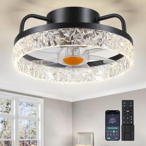 13" Ceiling Fans with Lights - Flush Mount Low Profile Ceiling Fan Lights with Remote/APP, 6 Speeds 3CCT, with 7 ABS Reversible Blades, Modern Bladeless Fan Light for Indoor Bedroom (Black)