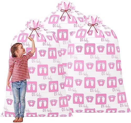 Zonon 2 Pcs Extra Large Baby Shower Bags Gift Jumbo Large Gift Bag Storage Oversized Plastic Gender Reveal Storage Wrap for Birthday Holiday Party Favors, (Pink Footprint)