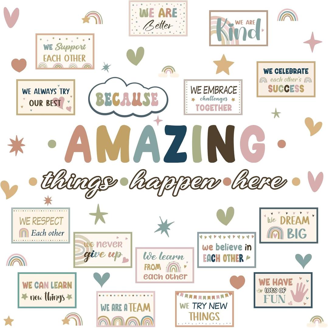 62 Pcs Classroom Boho Bulletin Board Decorations Amazing Things Happen Here Bulletin Board Positive Encouraging Paper Cutouts for Classroom School Elementary Home Office Wall Decor