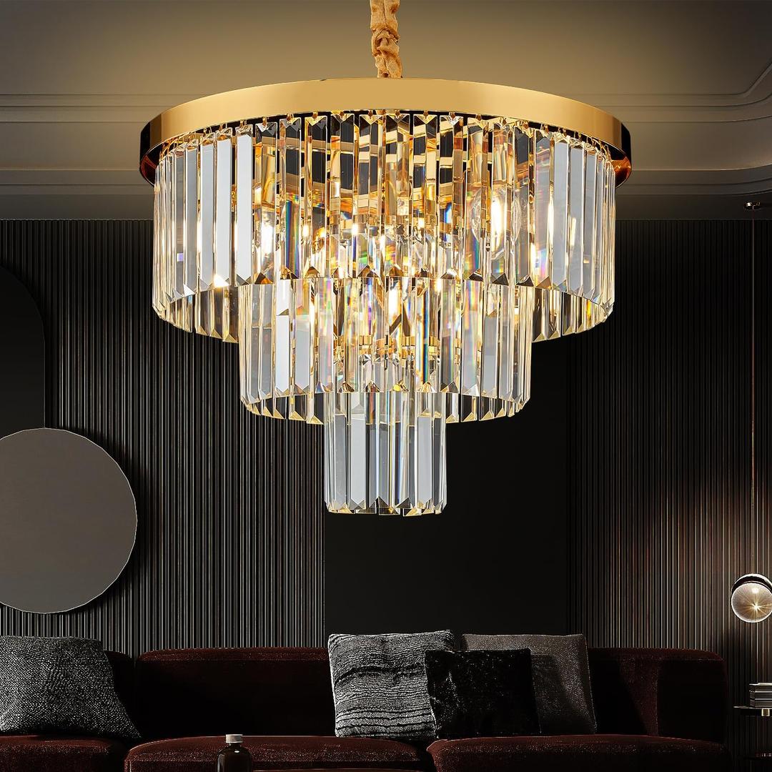Gold Crystal Chandelier 20" Modern Chandelier 3 Tiers 6 Lights Pendant Lighting Crystal Ceiling Light Round Chandelier for Dining Room Kitchen Island Living Room Entryway Bedroom Office